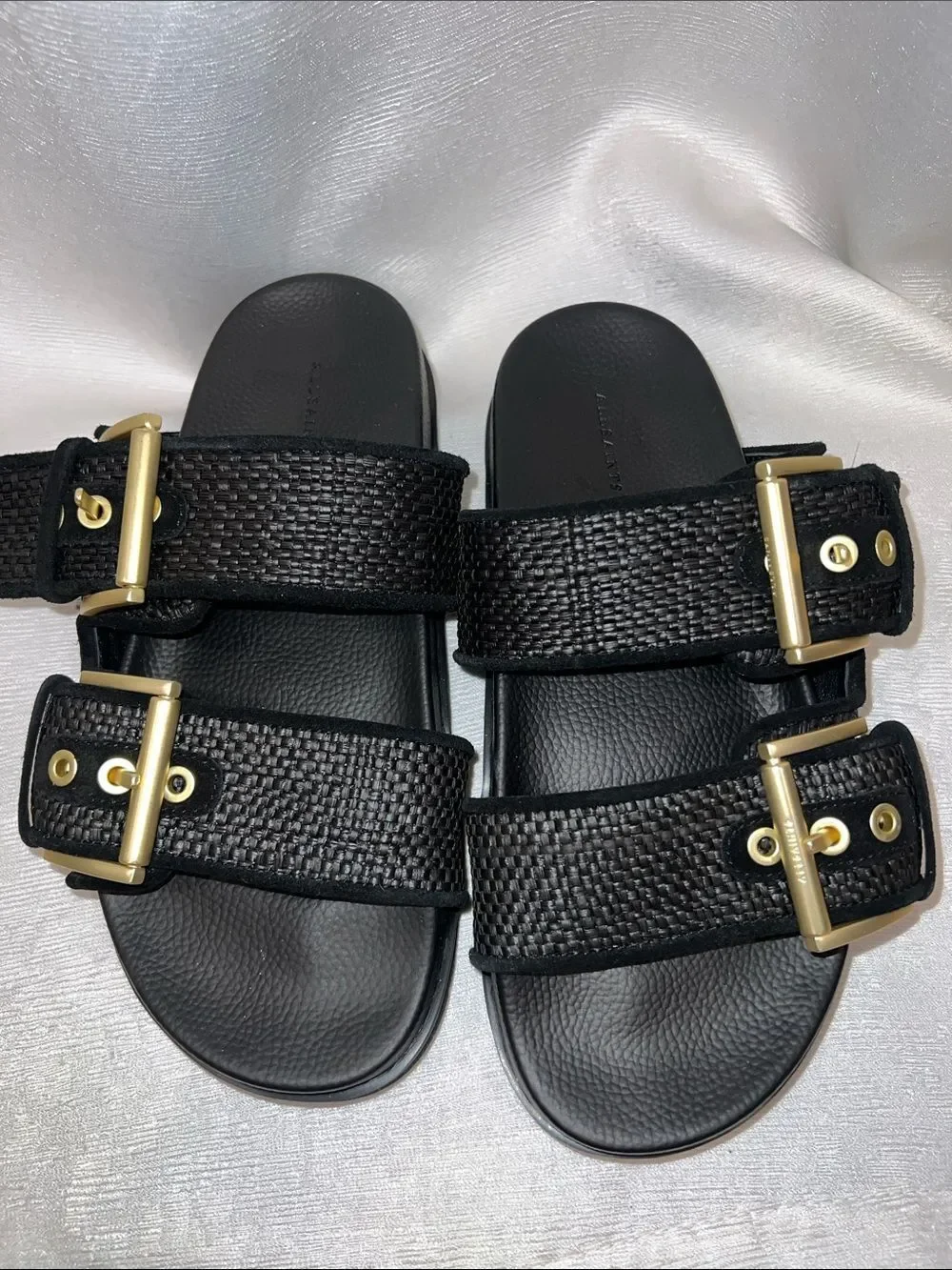 AllSaints Black Woven Double-Strap Slides with Metallic Buckles SB9